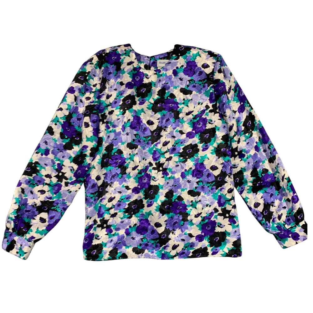 Vintage Satin Floral Blouse Top Purple Teal Black‎ Long Sleeve Womens Size 6P